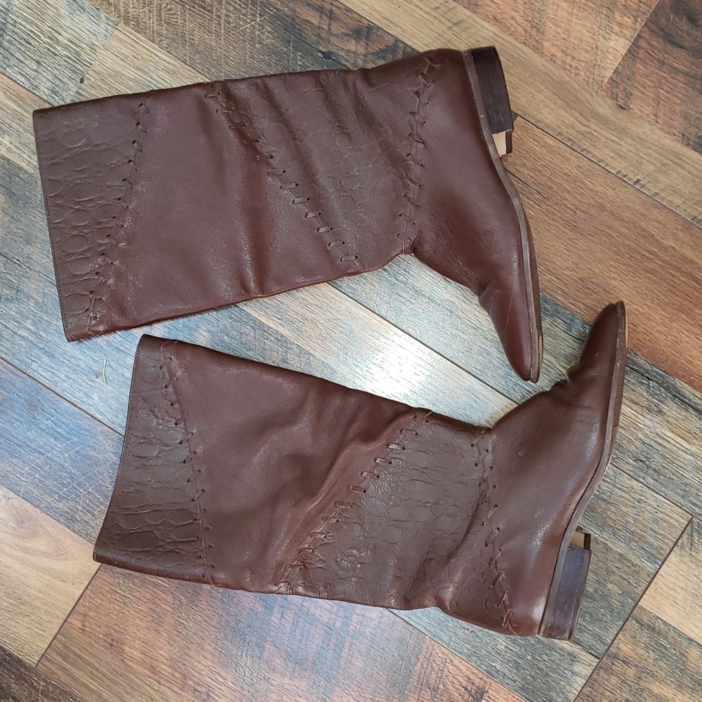 Made In Brazil Dark Brown Croc Embossed Patchwork Leather Boots, Size 7.5